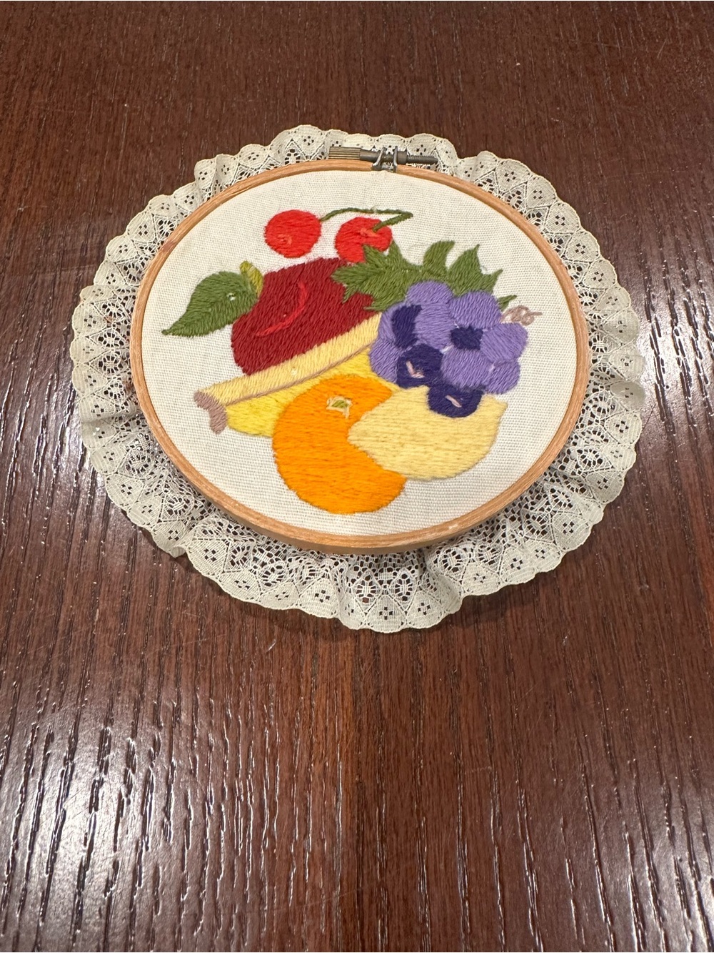 Vintage Handmade Embroidered Fruit Cross Stitch  Framed FarmhouseCountry 7x7